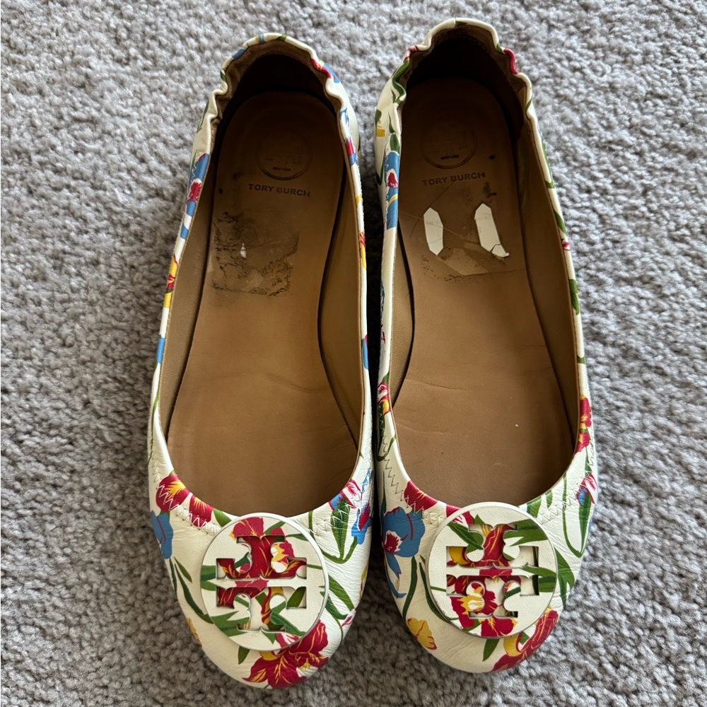 Tory Burch Cream Floral Ballet Flats, Size 9